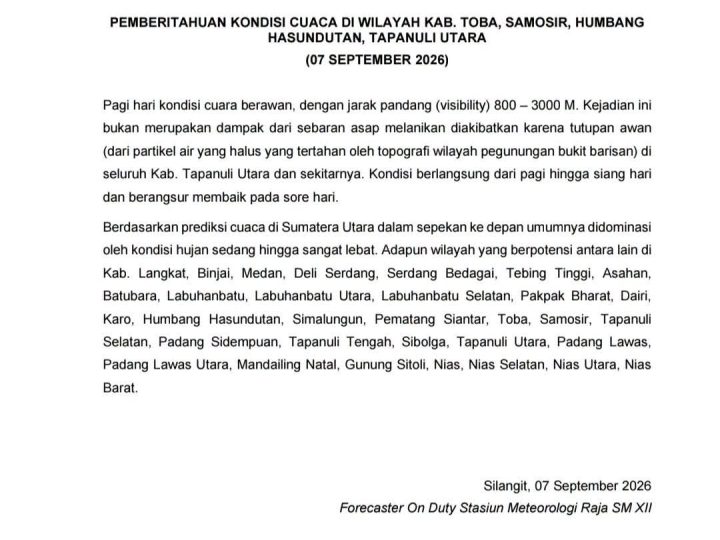 BMKG Prediksi Hujan Lebat di Samosir Sepekan ke Depan, Pemkab Imbau Waspada