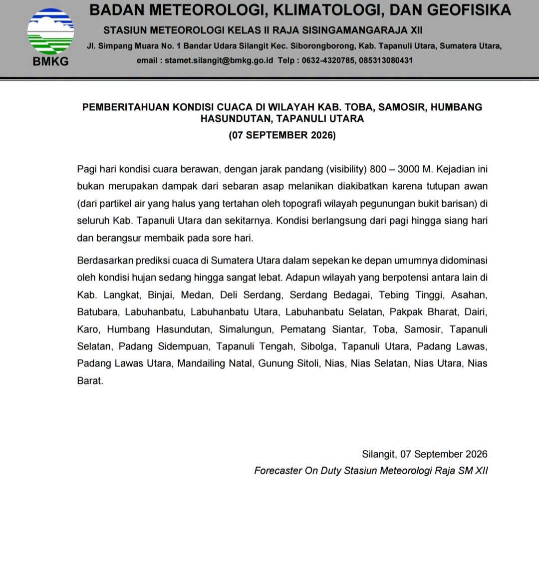 BMKG Prediksi Hujan Lebat di Samosir Sepekan ke Depan, Pemkab Imbau Waspada