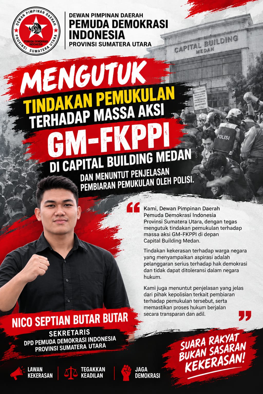 DPD Pemuda Demokrasi Indonesia Sumut Kecam Kekerasan Terhadap Massa Aksi GM-FKPPI di Depan Gedung Capital Building